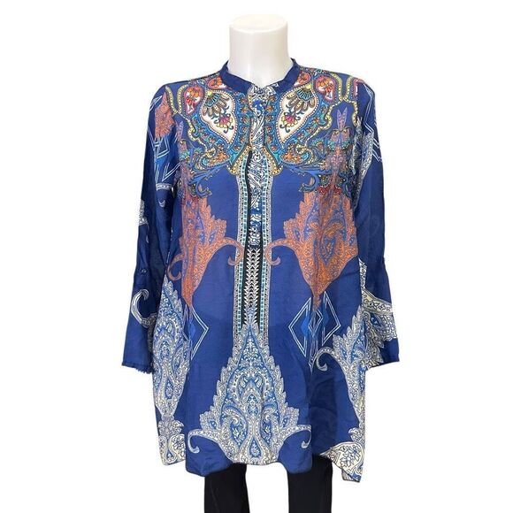 Johnny Was Biza Handkerchief Blue‎ Paisley Buttondown Blouse Tunic Boho Size XS - Picture 1 of 8
